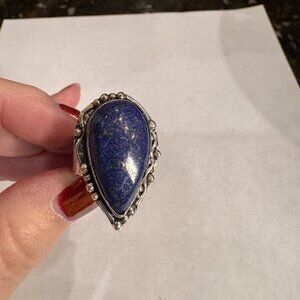 Statement Blue Stone Ring - Silver Tone Size 8 1/2